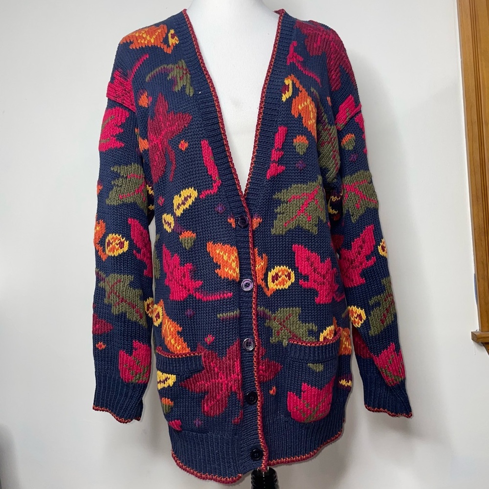 Le Moda Knitwear Hand Loomed Sweater Cardigan Leaves Fall Autumn Cottage Core